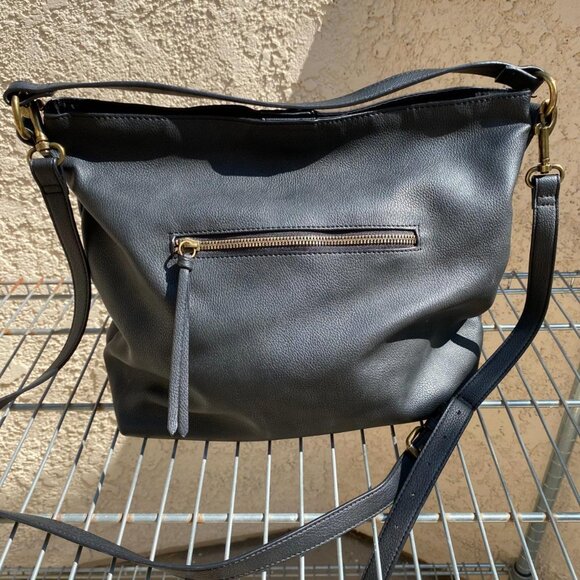 Slouchy Black Faux-Leather Shoulder Bag + Removable Adjustable Crossbody Strap - Picture 6 of 8